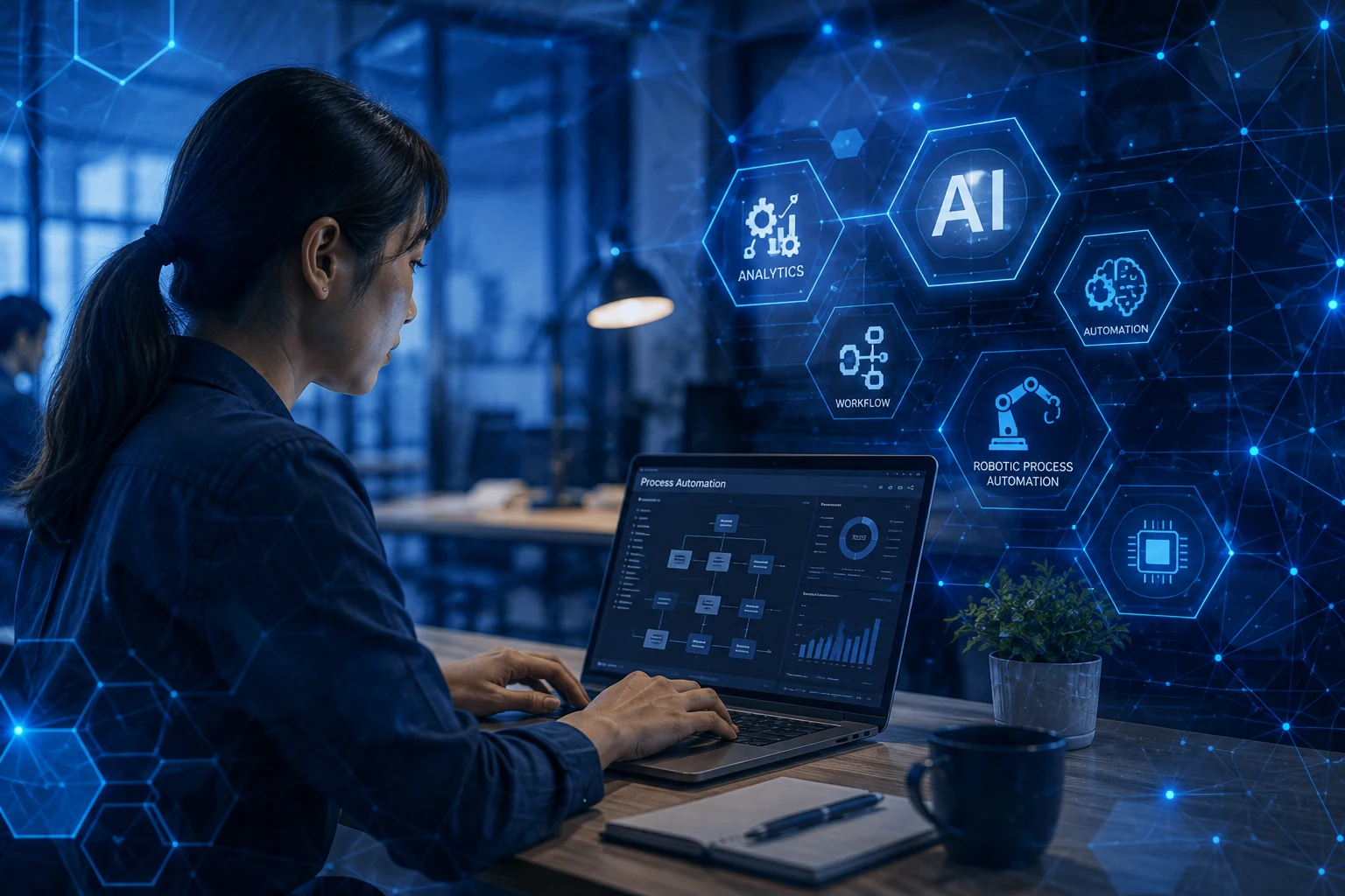 Business automation and AI workspace showing process automation, AI and workflow visualisations.