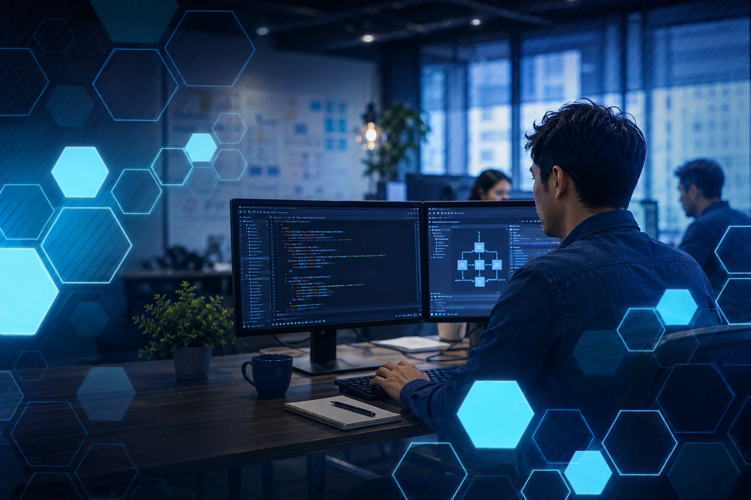 Custom software development workspace with code, application architecture and digital hexagon overlays.