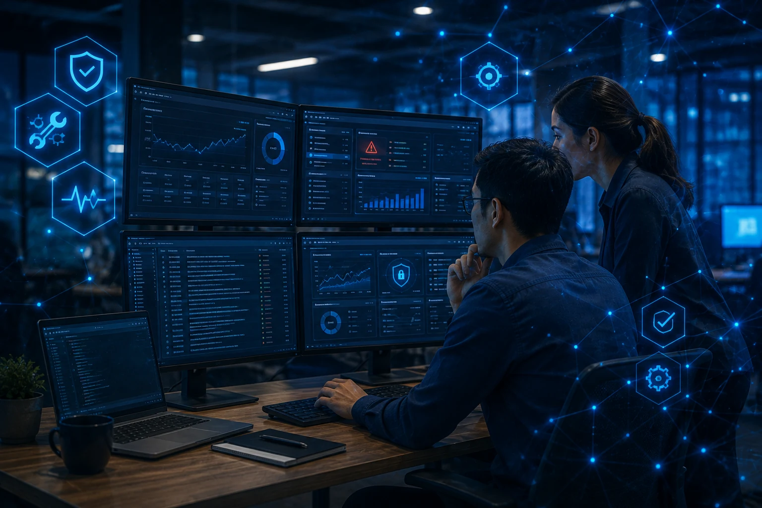 Application support and maintenance workspace showing monitoring dashboards, alerts and system health.